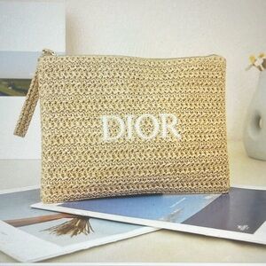 Dior Beauty Natural Straw Oatmill Zip Wristlet Pouch with Gold Hardware New